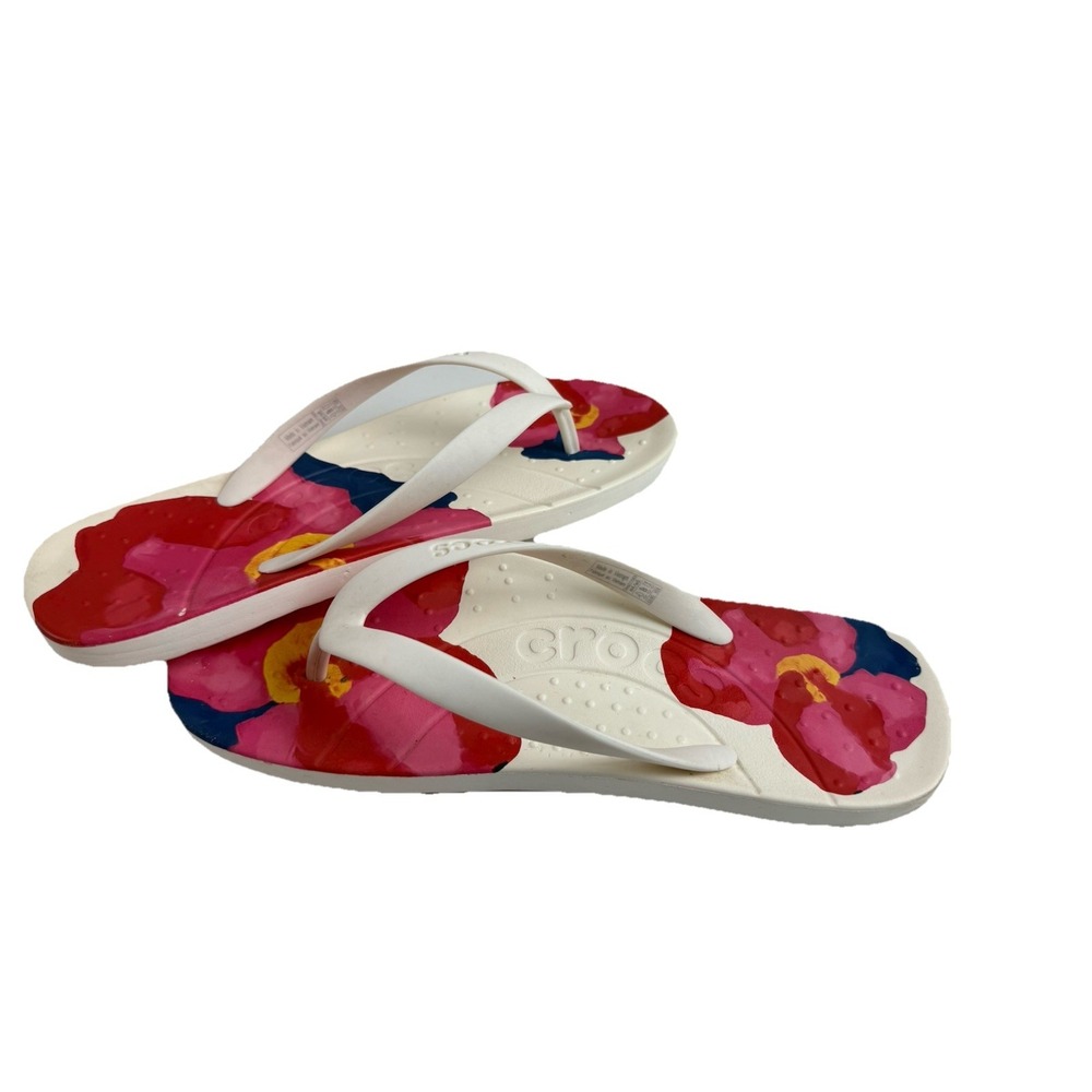 Crocs White Floral Lightweight Rubber Flip Flops Thongs Womens Sandals Size 6 - Picture 5 of 8